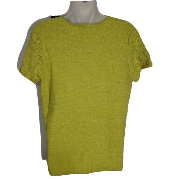 Evan Picone Womens Top Large Open Mesh Knit Yellow Green Short Sleeve Sweater - Picture 2 of 11